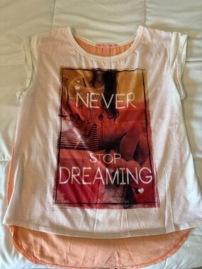 Rebellious One White Tee with Peach Layered Hem & Multicolor Graphic